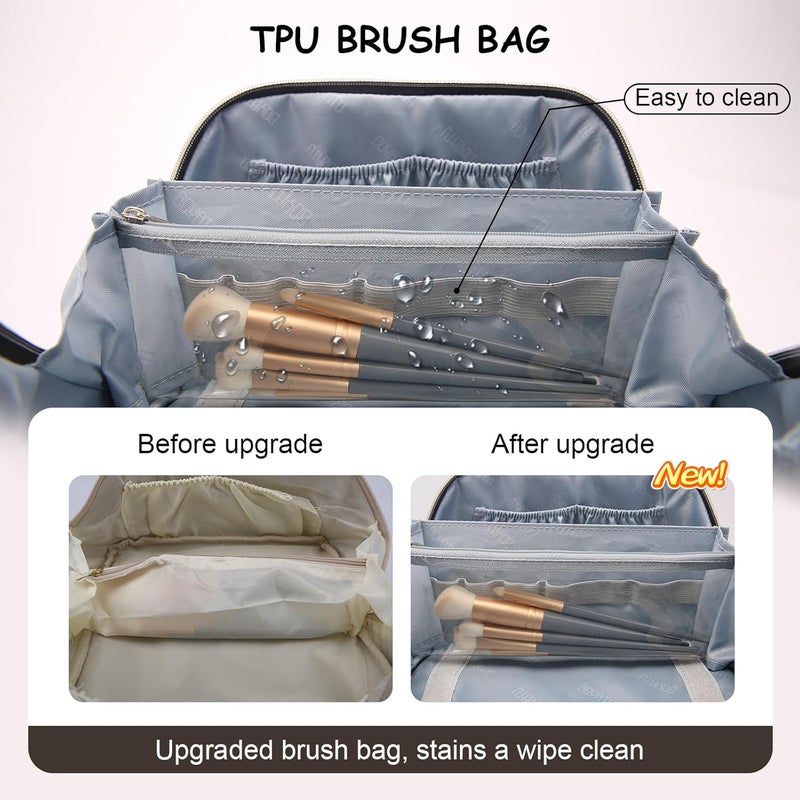 BOYATU Travel Makeup Bags for Women: 3 Pcs Set Wide Open Cosmetic Bag - Portable Make up Bags with Handle - Vegan Leather Toiletry Organizer Bag with Divider (G-03-Coffee) - Image 4